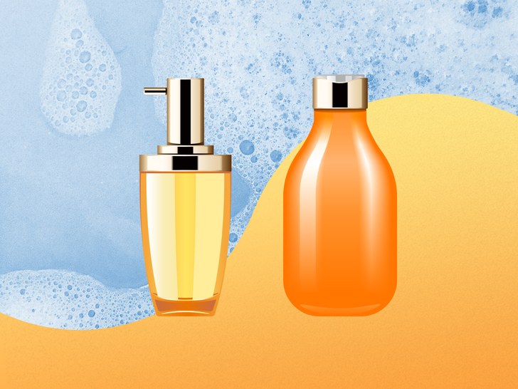collage of beauty bottles over suds and a gradient
