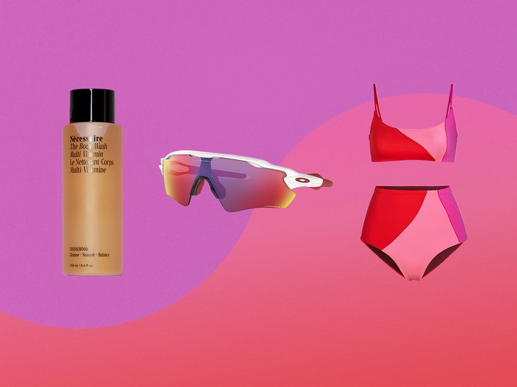 product image of a swimsuit, sun shades, and body wash