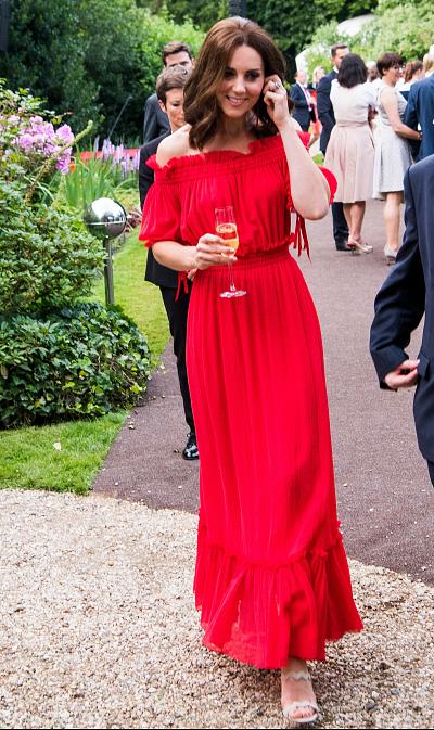Catherine, Duchess of Cambridge, first wore this red Alexander McQueen dress at Queen Elizabeth II\'s birthday party in July 2017.